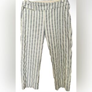 SHARAGANO Women’s Linen Blend Crop Blue Cream Stretchy‎ Stripe Pants Size 6